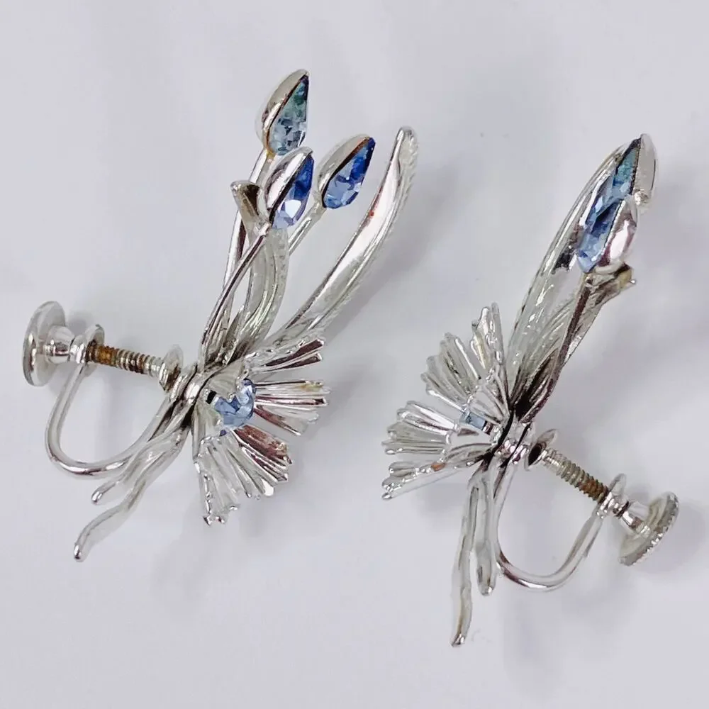 Vintage Mid Century Floral Spray Earrings Silver Tone Blue Rhinestone Screwback